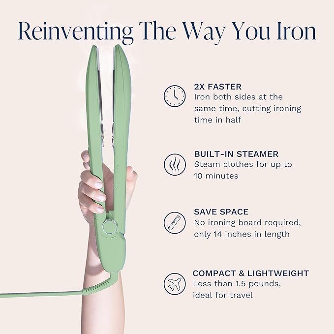 Nori Press Travel Steam Iron - Handheld Iron With Optional Steam Feature - No Ironing Board Required - Easy to Use w/ 6 Fabric Settings - Removes Wrinkles - User Manual Included - Green