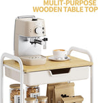 TOOLF 3-Tier Metal Utility Rolling Cart with Drawer and Wooden Table Top, Storage Cart White Trolley Kitchen Organizer Rolling Desk with Locking Wheels for Office, Classroom, Home, Bedroom