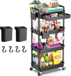 Goovilla 4 Tier Rolling Utility Cart Organizer with Removable Drawer, Stable and Sturdy Black Rolling Storage Carts with 2 Lockable Wheels for Bathroom, Kitchen, Snack, Craft, Makeup, Baby Essentials