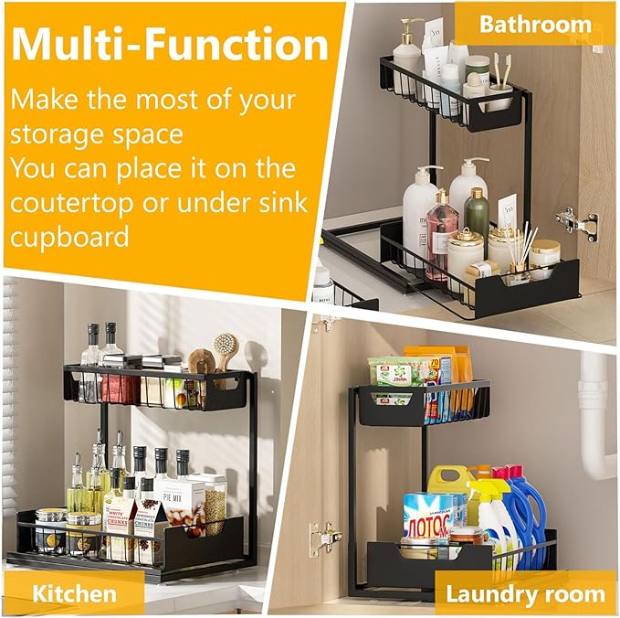 Under Kitchen Sink Organizers and Storage Pull Out 2 Tier Metal Bathroom Cabinet Organizer (Black, 1 Pack)