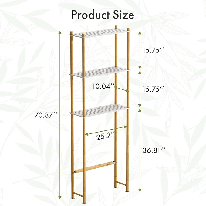 AmazerBath Bamboo Over The Toilet Storage Shelf, Bathroom Storage Organizer Rack, 3-Tier Bathroom Shelves Space Saver, White and Natural Color