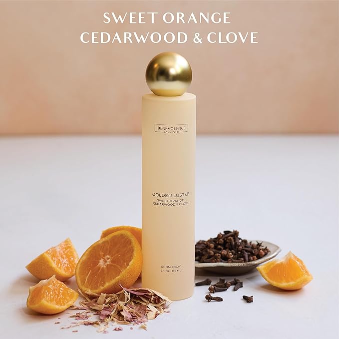 Benevolence LA Golden Luster Room Spray | Orange, Cedarwood & Clove | 3.4oz | Fall Home Fragrance, Pillow & Linen Spray | Low VOC, No Alcohol | Malibu Sands Collection