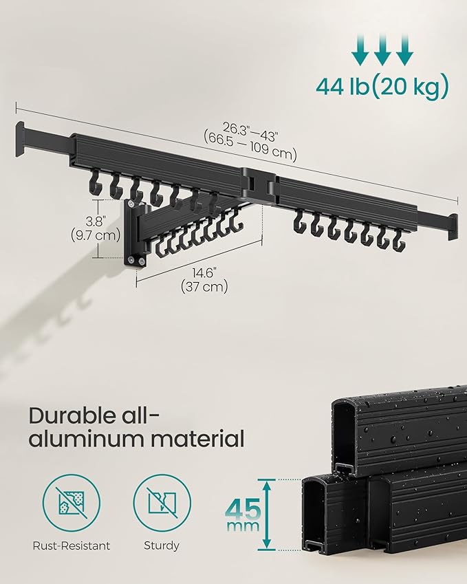 SONGMICS Clothes Drying Rack, Wall-Mounted Laundry Drying Rack, Extendable, Foldable Arms, with 21 Swivel Sliding Hooks, Space-Saving, for Laundry Room, Bathroom, Ink Black ULLR807B01