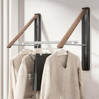 Retractable Wall Mounted Drying Rack - Foldable Clothes Hanger in Walnut or Oak Color for Laundry Room, Closet & Balcony (Walnut, 2 Racks + Rod)