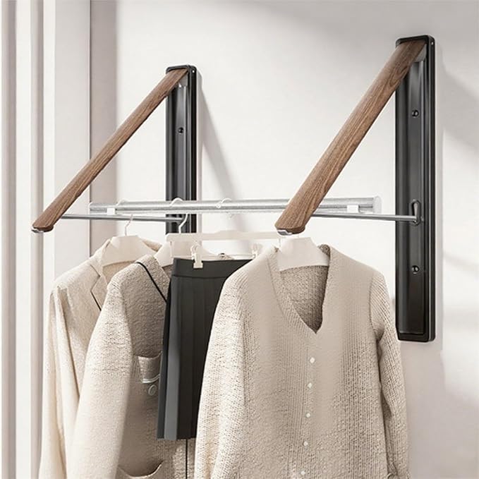 Retractable Wall Mounted Drying Rack - Foldable Clothes Hanger in Walnut or Oak Color for Laundry Room, Closet & Balcony (Walnut, 2 Racks + Rod)