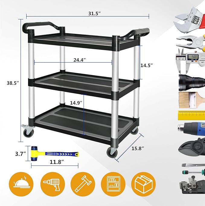 Plastic Utility Carts with Wheels, 3-Tier Restaurant Cart, Heavy Duty Rolling Cart Food Service Cart 420LBS, Bus Cart with Lockable Wheels and Rubber Hammer for Warehouse/Kitchen, Black