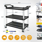 Plastic Utility Carts with Wheels, 3-Tier Restaurant Cart, Heavy Duty Rolling Cart Food Service Cart 420LBS, Bus Cart with Lockable Wheels and Rubber Hammer for Warehouse/Kitchen, Black