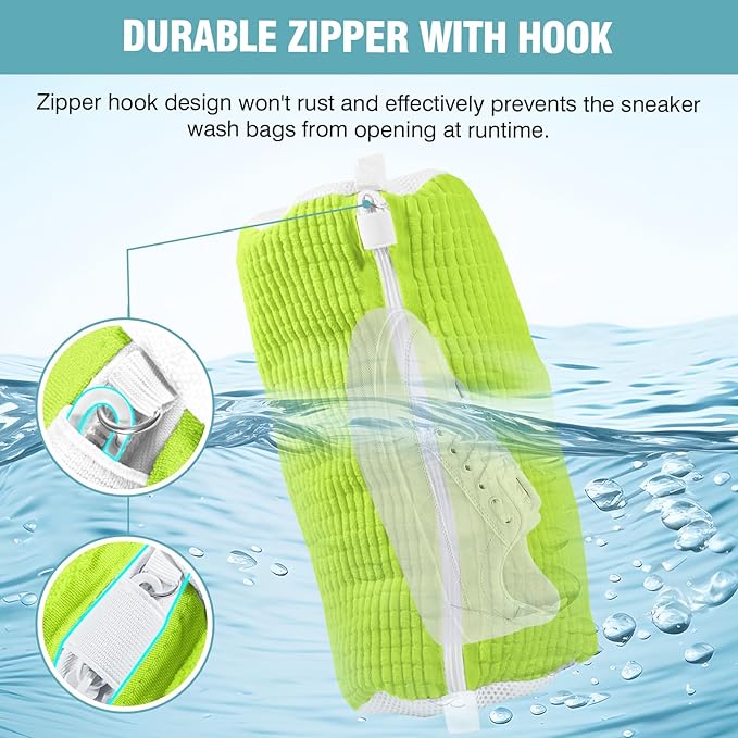 2 Pcs Shoe Washing Machine Bags, XXL Shoe Laundry Bags for Washer and Dryer, Sturdy Zipper with Hook Design, 2 Sneaker Dry Bags Included, Reusable Washing Bag for Sneaker, Tennis, Green 2 Packs