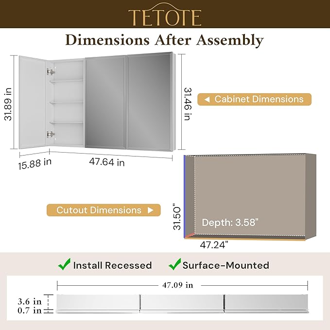 TETOTE 48 x 32 Medicine Cabinet with Tempered Beveled Mirror White Medicine Cabinet with Mirror Aluminum Cabinet DTC Hinges, Stepless Adjustable Shelves, Recessed/Surface-Mounted