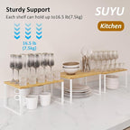 SUYU Kitchen Cabinet Organizer Shelf,Bamboo Spice Rack Set of 2,Space-Saving Countertop Organizer for Kitchen, Office, or Closet, Stackable and Nesting Shelves,White and Natural SCW201B