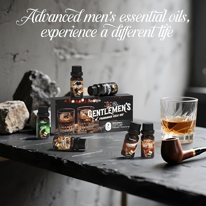 Gentleman Fragrance Oils Set, Essential Oil for Diffuser, Diffuser Oil, Use for Soap Candle Making, Sandalwood, Cedar, Rum, Leather, Smoky Oud, and Frankincense & Myrrh
