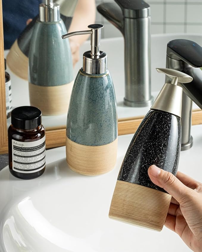 Ceramic Dish Soap Dispenser with Plastic Pump & Stainless Steel Pump for Hand Soap, Shampoo, Lotion, Conditioner, 12 oz Refillable Soap Bottle with Silicone Funnel for Bathroom & Kitchen, Black