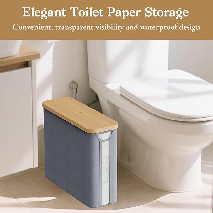 Toilet Paper Storage Basket with Bamboo Lid, Toilet Paper Holder with Storage, Free Standing Bathroom Storage Organizers with Non-Slip Bottom, Grey 1 Pack