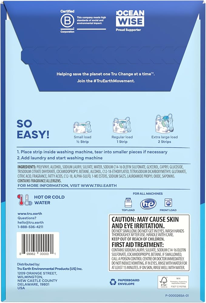 Tru Earth Eco-friendly, Biodegradable, Zero Waste, Cruelty-Free Laundry Detergent Sheets/Eco-Strips for Sensitive Skin, 32 Count (Up to 64 Loads), Fresh Linen Scent