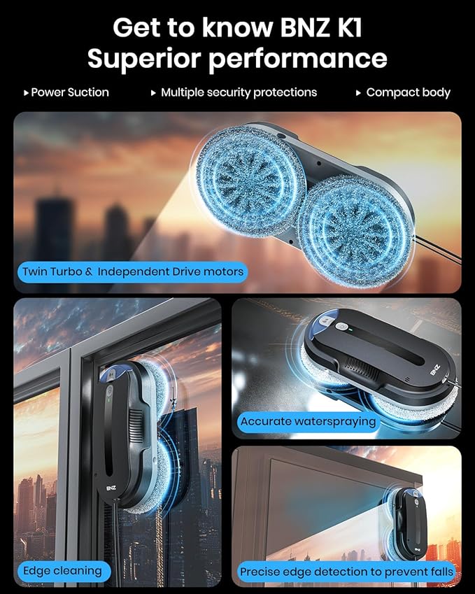 BNZ Smart Window Cleaning Robot, Twin Turbo & Dual Auto-Spray Window Cleaner with Multiple Safety System, AI Path Planning, Frameless Edge Detection, K1, Matt Black