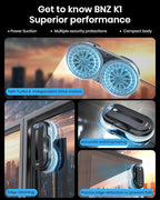 BNZ Smart Window Cleaning Robot, Twin Turbo & Dual Auto-Spray Window Cleaner with Multiple Safety System, AI Path Planning, Frameless Edge Detection, K1, Matt Black