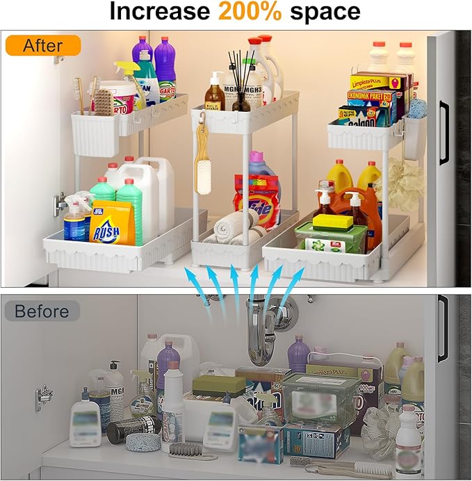 3 Pack Multi-Purpose Under Sink Organizers and Storage, 2026 L-Shaped Pull Out Cabinet Organizer for Bathroom & Kitchen, Under Cabinet Organizer with Hooks Hanging Cup, White