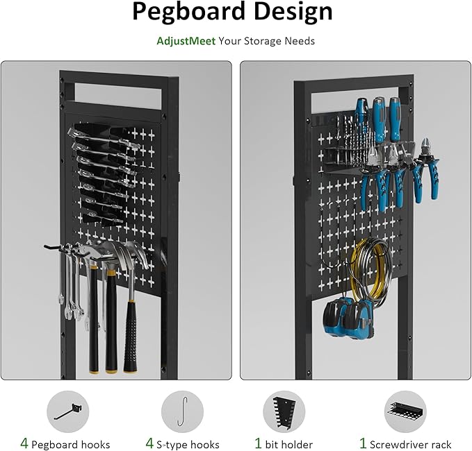 Utility Cart & Tool Organizer with 3-Tier Shelves, Pegboards & Electric Drill Holder | Heavy-Duty Rolling Cart for Garage & Workshop | Mobile Tool Storage & Gift for Men