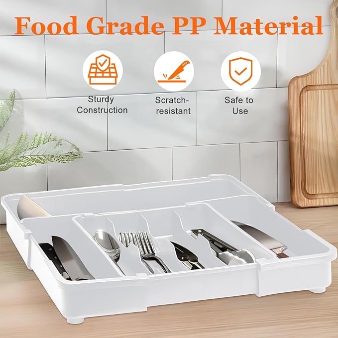 Expandable Silverware Drawer Organizer BPA Free Cutlery Organizer Small Utensil Organizer for Kitchen Drawers Adjustable Spoons Forks Knives Storage Divider, Gray
