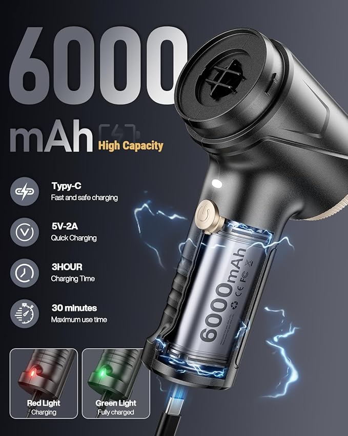 Handheld Car Vacuum Portable Cordless, 21000Pa High Power Handheld Vacuum with 2 Gear Adjustment - Brushless Motor，4 in 1 Air Duster and Vacuum Cleaner with LED Light，Dual Filters，for Home Car Office