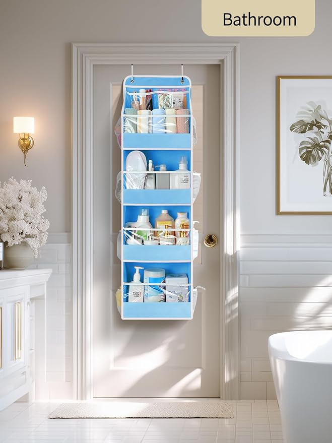Yecaye 5 Tier Over the Door Organizer, Swing-proof Door Organizer Hanging with Clear PVC Windows, Behind the Door Storage for Bedroom Nursery Closet Laundry Pantry Bathroom, Soft Sky Blue