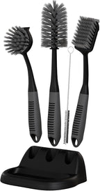 Dish Brush Set of 5 with Holder - Kitchen Scrub Brushes with Non-Slip Long Handle for Cleaning, Scrubber, Dishwashing, Dishes, Bottles, Straws, Cups, Pots & Sink, Black