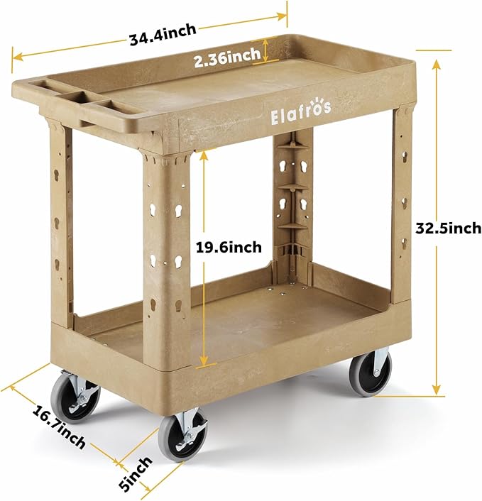ELAFROS Heavy Duty Plastic Utility Cart 34 x 17 Inch - Work Cart Tub Storage W/Deep Shelves and Full Swivel Wheels Safely Holds up to 550 lbs - 2 Tier Service Cart for Warehouse,Garage, Cleaning,Sand