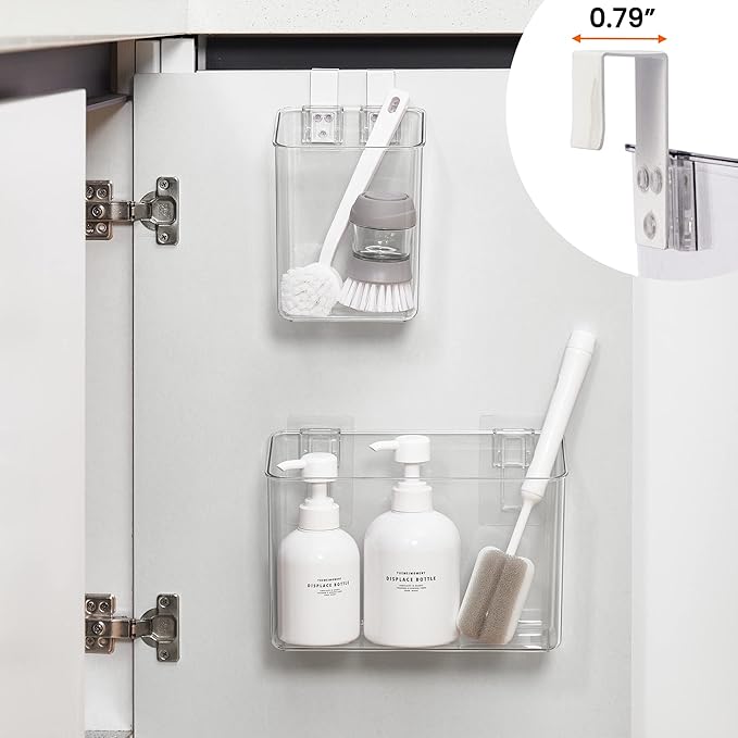 vacane Hanging Basket with Removable Hooks, Plastic Over Cabinet Door Organizer for Organizing Over the Cabinet Organizer Holder for Kitchen, Pantry, Bathroom-Hang Outside or Inside Door-4 Pack