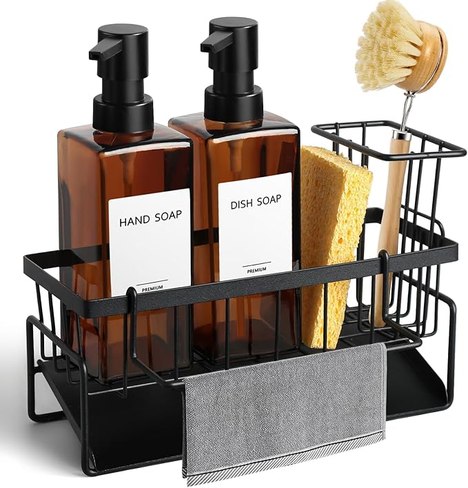 GMISUN Dish Soap Dispenser, 12 Fl oz / 350 ml Dual Soap Dispenser with Sponge Holder, Customized Amber Glass Kitchen Soap Dispensers Set, Modern Hand and Dish Soap Dispensers Set Removable