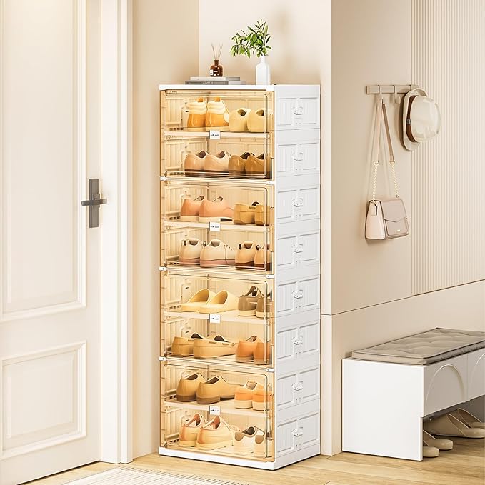 JEKO&JEKO 10-Tier Foldable Shoe Storage Box with Magnetic Doors, Large Stackable Shoe Organizer Cabinet for Entryway (White)