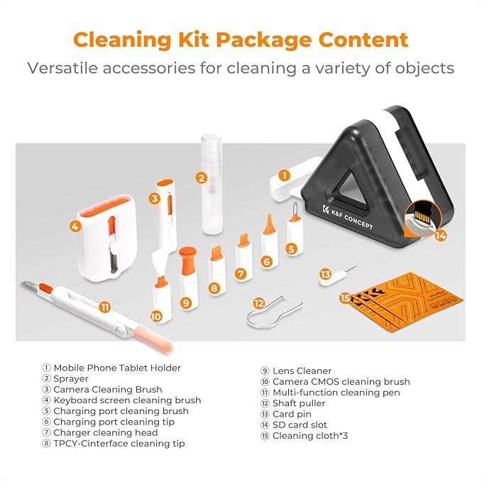 K&F CONCEPT 25-in-1 Keyboard Cleaning Kit Laptop Cleaner - Multifunction Electronic Specialized Accessories Cleaner Set for Cell Phone Tablet PC Camera Keyboard Earbud - Phone Tablet Holder