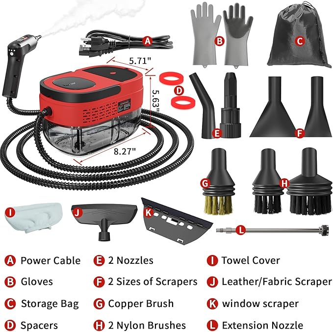 Handheld Steam Cleaner for Home, 2500W High Temperature Pressurized Machine, 1.6L Water Tank, Handle-controlled Steam Output, Portable Cleaning Steamer for Car, Bed Bugs, Furniture, Grout (Red)