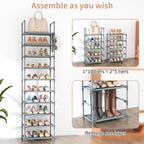 LANTEFUL 10 Tiers Tall Shoe Rack 20-25 Pairs Boots Organizer Storage Sturdy Narrow Shoe Shelf for Entryway, Closets with Hooks, Grey