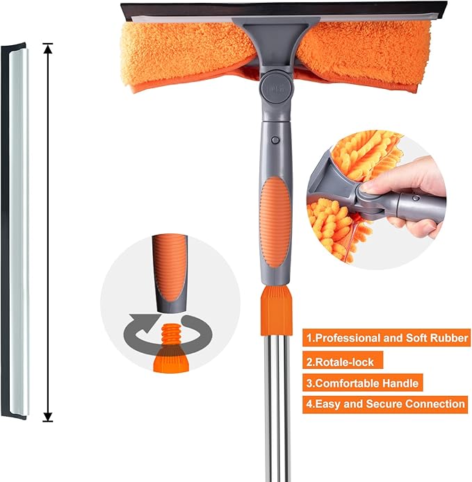 BITOPE 2 in 1 Squeegee for Window Cleaning Tool,Long Handle Window Cleaner Tool with Stainless Steel Extension Pole for Car,Shower, Glass Doors, Outdoor High Window