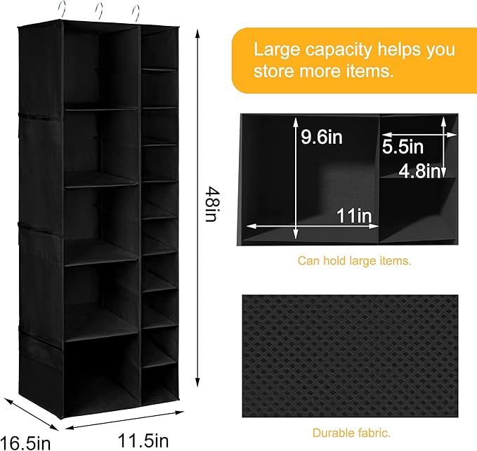 Libeder Shoe Organizer for Closet, 15 Shelf Hanging Closet Storage Shelves - 10 Shoe Rack Organizer and 5 Compartment for Clothes with 6 Side Mesh Pockets for Scarf, Socks,Gloves Black