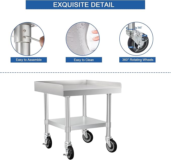 HARDURA Stainless Steel Equipment Work Stand 24" x 24" Prep Table with Under Shelf and Caster for Commercial & Workplace, Home, Hotel, Garage