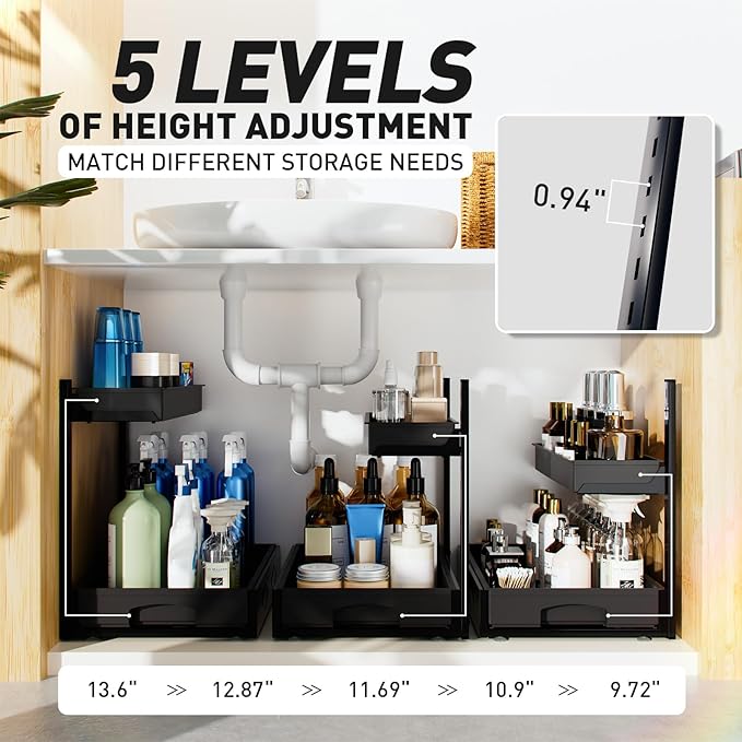 Metal Under Sink Organizers and Storage, 2 Pack Under Bathroom Sink Organizer, 2 Tier Pull out Cabinet Organizer, Adjustable Under Sink Organizer, Under Sink Storage for Bathroom, Black