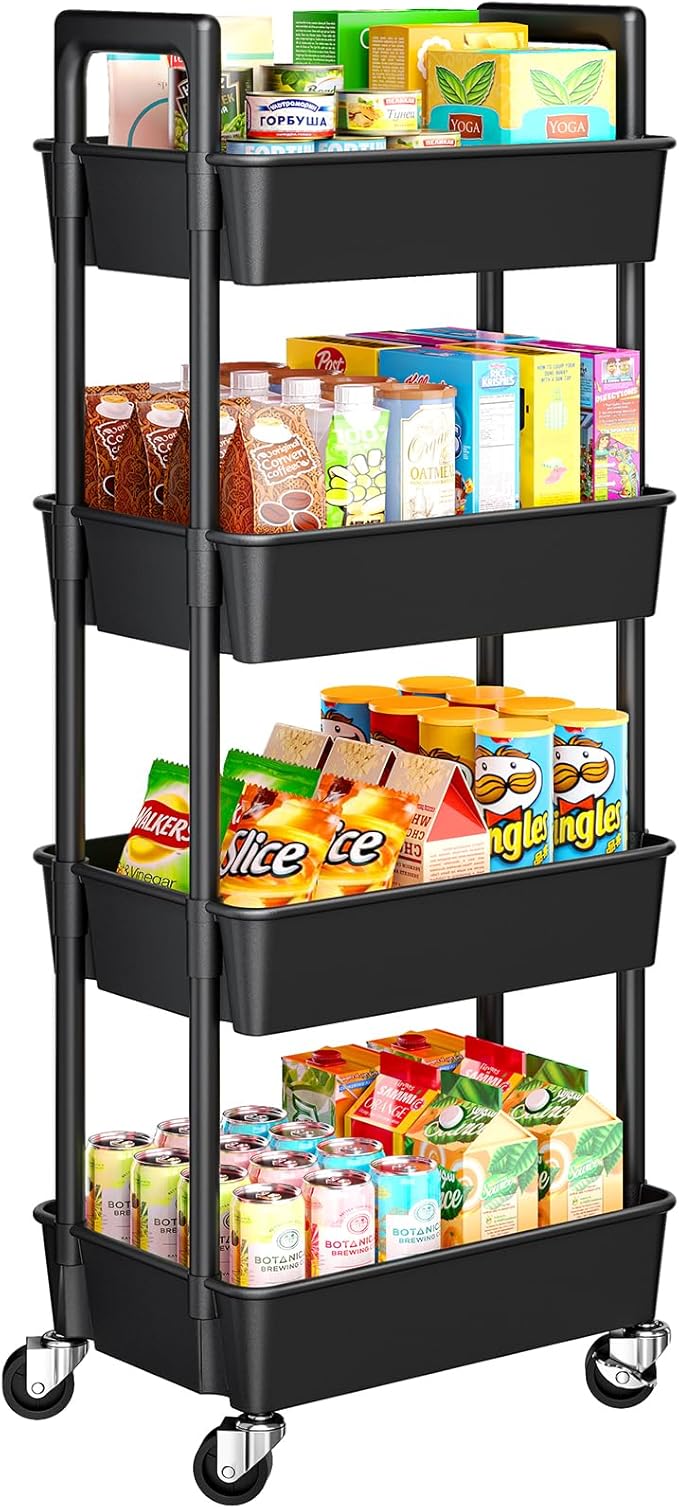 Pipishell 4-Tier Rolling Cart, Plastic Cart with Lockable Wheels & Reinforced Handle, Lightweight Utility Storage for Nursery, Bathroom, Craft Room, Black