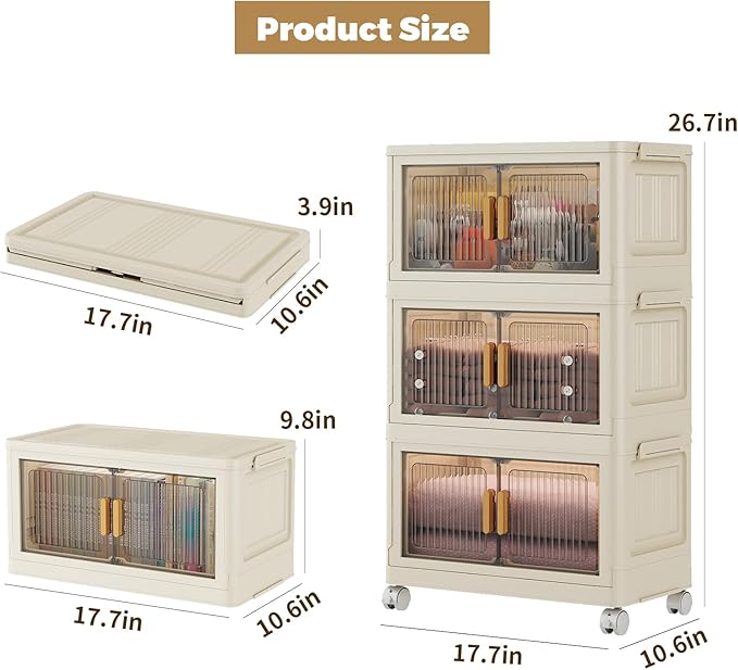 3 Tier Stackable Plastic Storage Bins with Lids 28QT, Collapsible Closet Organizers and Storage with Wheels for Living Room,Office,Dorm