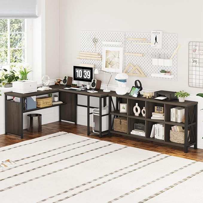 FATORRI 8 Cube Storage Organizer Bookshelf, Rustic Wood Cubby Bookcase, Industrial Horizontal Long Shelf for Living Room (Walnut Brown, 62 Inch)