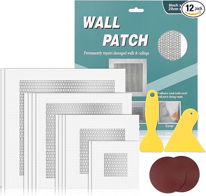 Drywall Repair Kit 12 Pieces Aluminum Wall Repair Patch Kit, 2/4/6/8 inch Self Adhesive Aluminum Wall Patch Kit, Drywall Repair Tools Kit for Ceilings Drywall Plasterboard