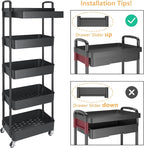 Calmootey 5-Tier Rolling Utility Cart with Drawer,Multifunctional Storage Organizer with Plastic Shelf & Metal Wheels,Storage Cart for Kitchen,Bathroom,Living Room,Office,Black