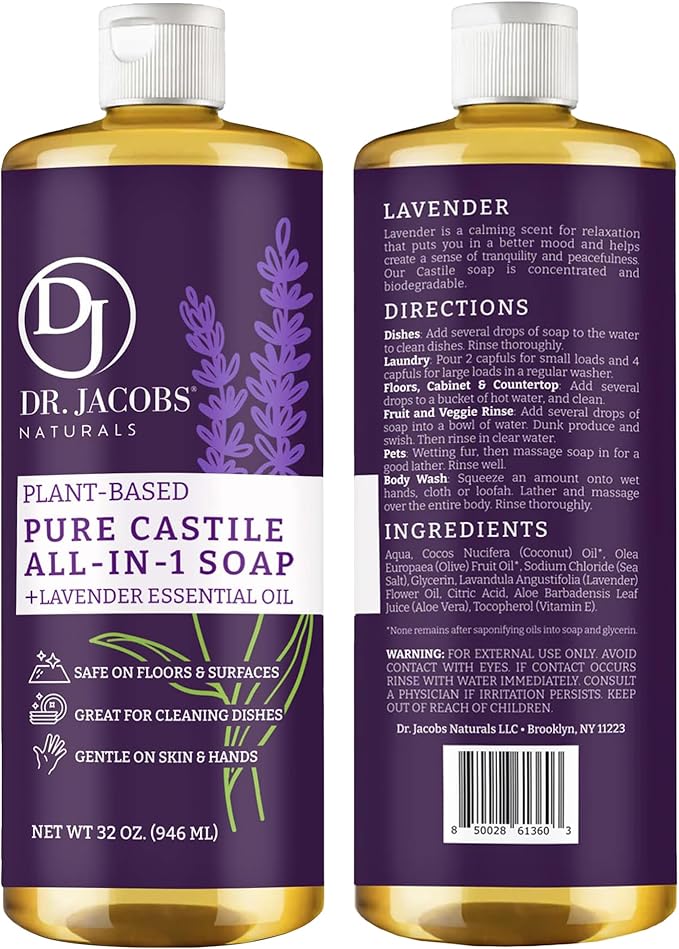 Dr. Jacobs Naturals Lavender Castile All-in-One Cleaner and Soap - Plant-Based Formula for House Cleaning Floors and Appliances - Gentle on Skin and the Planet - 32 oz, 1 Pack