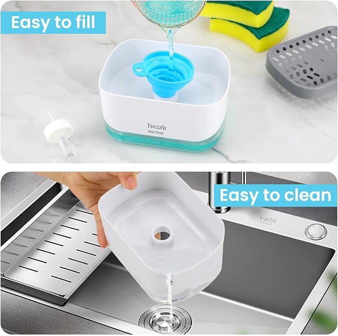 Dish Soap Dispenser with 6 Kitchen Sponges for Kitchen Sink,1 Foldable Silicone Funnel,1 Dishwashing Liquid Dispenser for Kitchen -2-in-1 Soap Dispenser with Sponge Holder