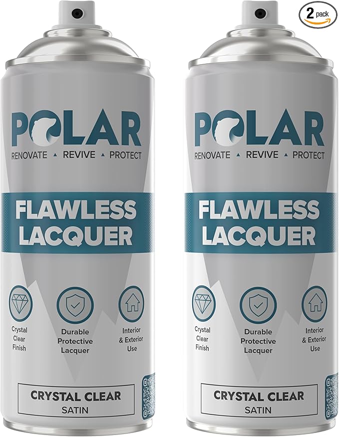 Polar Clear Satin Flawless Lacquer Spray - 2 x 13.5 Fl Oz - Clear Coat Spray Paint - Non-Yellowing & Scratch Resistant - Interior & Exterior Surfaces for Wood, Metal, Plastics, Glass & Ceramics
