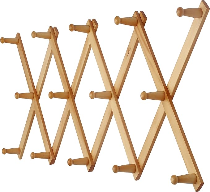 Dseap Accordian Wall Hanger: 16” High Wooden Wall Expandable Coat Rack, Hat Rack Holder, Accordion Hook for Baseball Caps, Coats, Mugs, 14 Peg Hooks, Natural