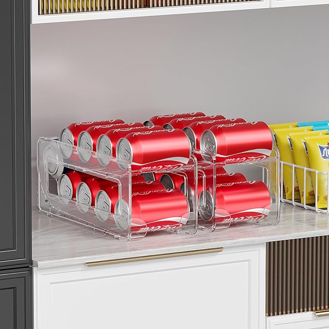 2 Pack Soda Can Organizer,Can Dispenser for Refrigerator Drink Storage Rack for Standard and Tall Can Pop Can Holders for Pantry Cabinet Clear