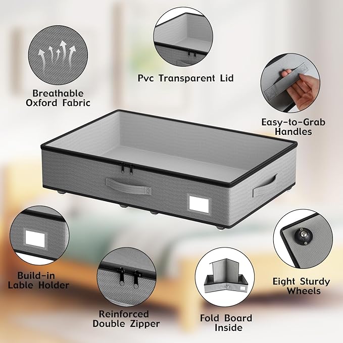 Under Bed Storage with Wheels, No Assemble Required 5.5 inches height grey under bed storage bins,Low Profile Rolling Underbed Shoe Storage containers，dorm underbed storage drawers