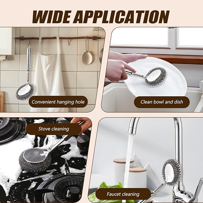 Steel Wool Scrubber with Handle, Cast Iron Scrubber, Stainless Steel Scrubber, with 5 Refills and Long Handle Stainless Pot Brush, Remove Dirt, for Cleaning Stoves, Sinks, Dishes, Grills, Bowls
