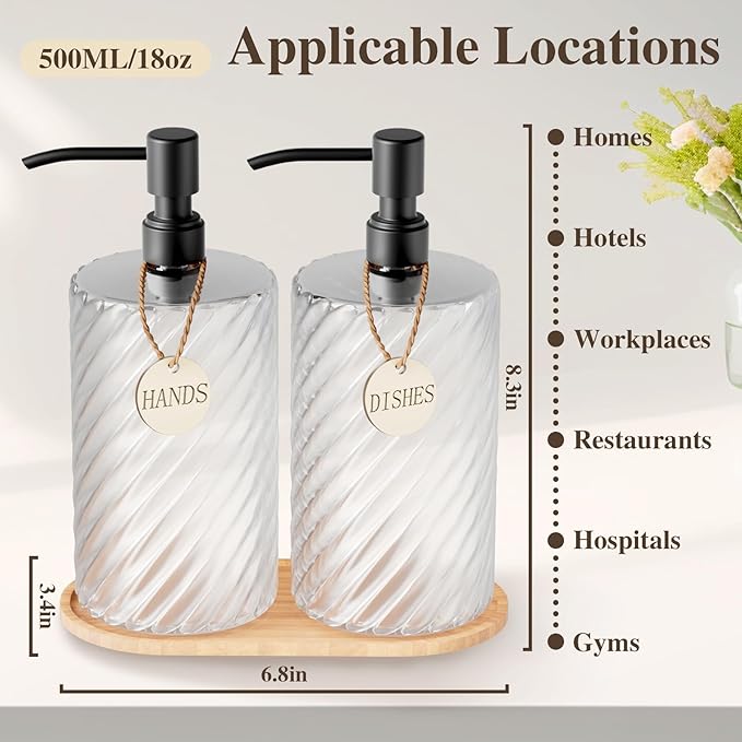 Hand Soap Dispenser Bathroom Set, Glass Dish Soap Dispenser for Kitchen Sink with Wood Tray & Black Stainless Steel Pump,Spiral Stripe Design